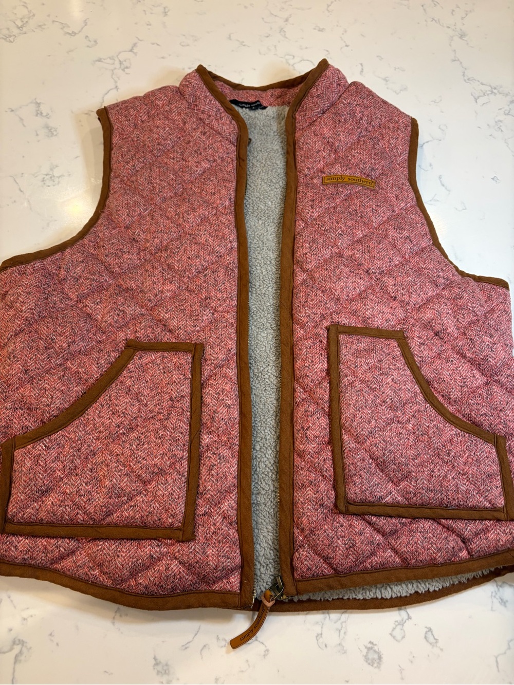 Simply, southern Women’s Quilted Pink Herringbone Vest with Sherpa Lining